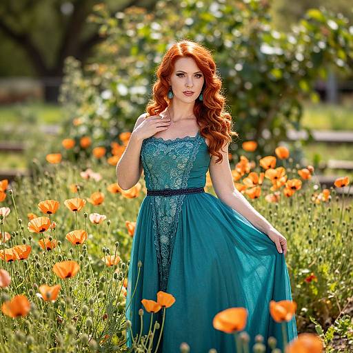 Photograph of a red-haired woman with wavy hair in a teal lace and chiffon dress, standing in a sunlit field of orange poppies