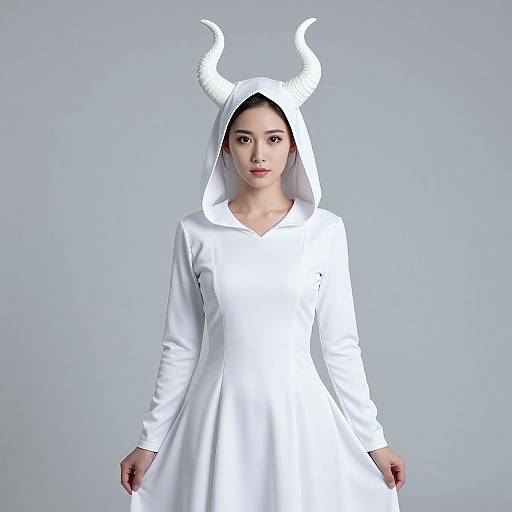 Photograph of an East Asian woman with fair skin wearing a white hooded dress with white horned hood, standing against a plain gray background.