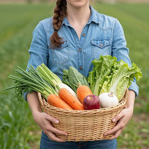 Photograph of a woman in a blue denim shirt, holding a wicker basket with fresh carrots, leafy greens, a red apple, and a