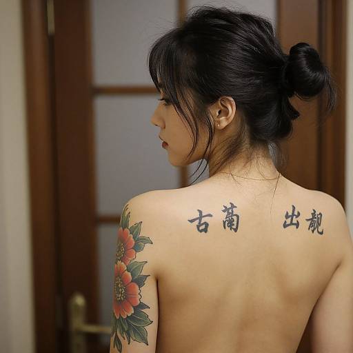Photograph of an Asian woman with black hair in a bun, topless, showing back tattoos of Chinese characters and a colorful floral design on her left