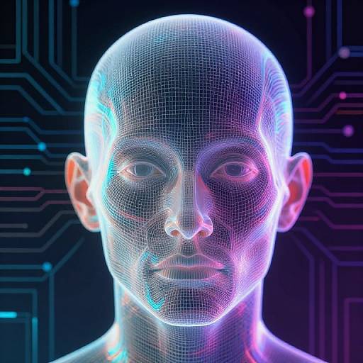 Digital CGI of a bald, transparent, grid-patterned human face with neon blue, pink, and purple hues against a dark circuit board background.