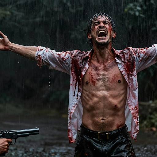 Man in Pain with Bloody Clothes