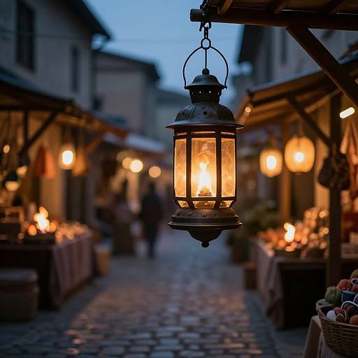 Photograph of a glowing lantern hanging in a cobblestone evening market, with blurred warm lights and market stalls in the background.