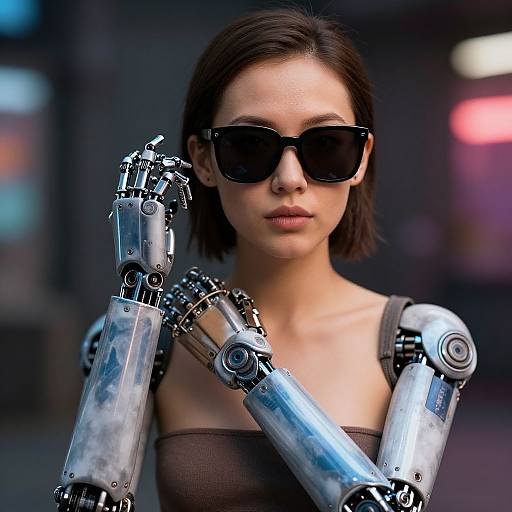 CGI image of a woman with short brown hair, black sunglasses, and robotic arms, wearing a brown strapless top, in a futuristic urban setting