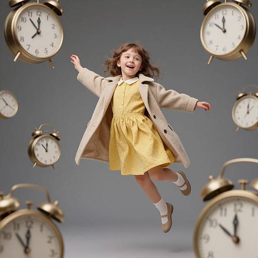 Photograph of a joyful young girl with brown hair, wearing a yellow dress and beige coat, floating surrounded by floating vintage clocks against a gray background.