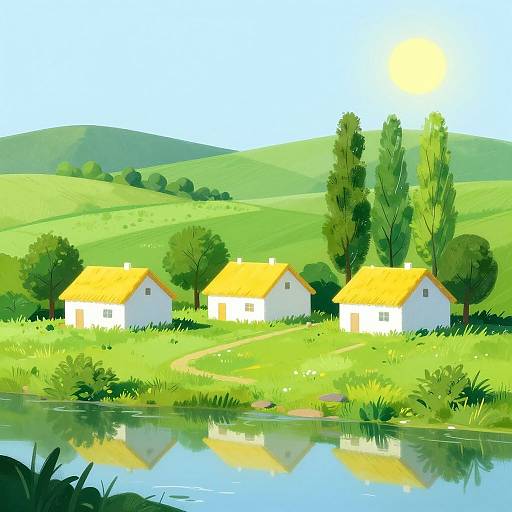 Digital painting of two white cottages with yellow roofs, surrounded by green hills and a reflective pond under a bright sun.