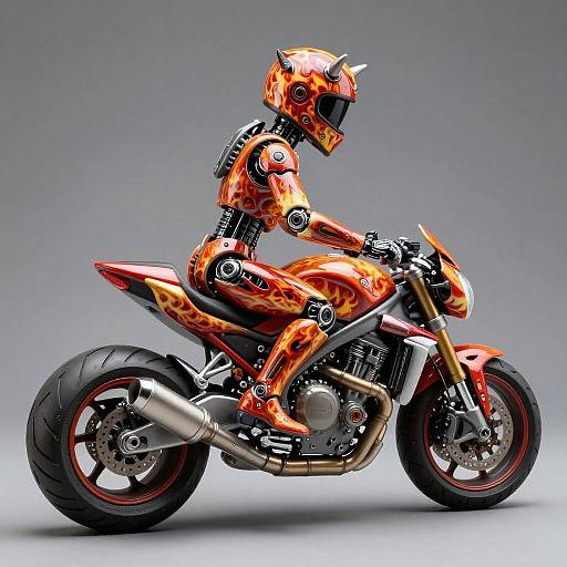 Photorealistic CGI of a robotic figure with fiery orange and red flame-patterned armor riding a matching flame-decorated motorcycle, set against a gradient