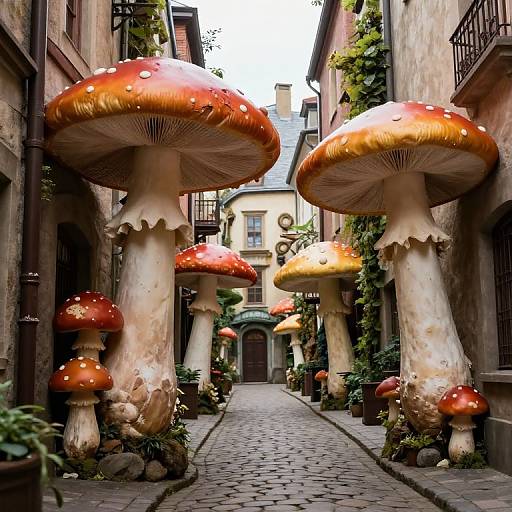 Whimsical Alley with Sentient Mushrooms