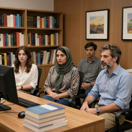 Group Meeting in Wood-Paneled Office