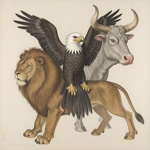 Illustration of a majestic lion, a powerful bull, and a bald eagle with wings spread, standing together against a white background.