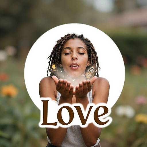 Photograph of a beautiful Black woman with curly hair, eyes closed, hands raised, surrounded by a white circle, holding 