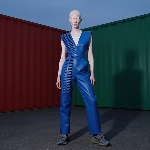 Albino Model in Blue Leather Jumpsuit at Dusk