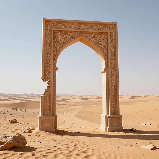 Photograph of ornately carved, arch-shaped sandstone entrance in a sunlit desert, with clear blue sky and sandy dunes in the background.