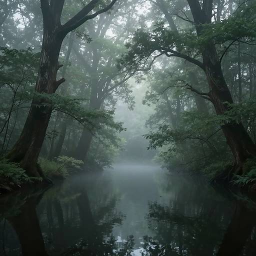 Photograph of a misty, dense forest with tall trees and lush greenery, reflected in a calm, dark, still water surface.