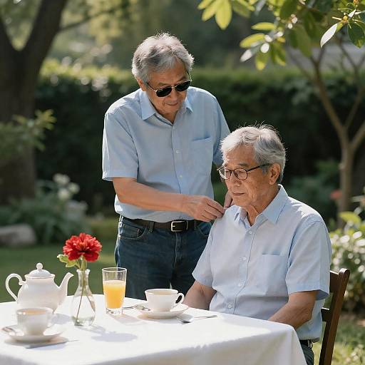 Sunlit Garden Tea with Two Men