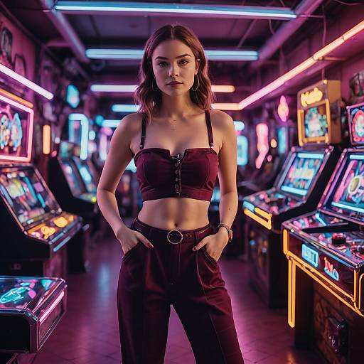 Woman in Burgundy Crop Top and Trousers in Neon Arcade