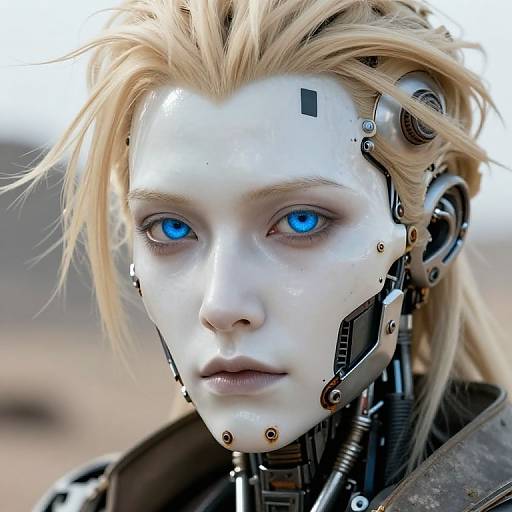 CGI portrait of a cybernetic woman with white, featureless face, blue eyes, and blonde hair, integrated with metallic cybernetic parts