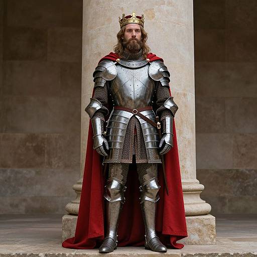 Photograph of a bearded king in silver armor, red cape, gold crown, standing before a stone column in a grand hall.