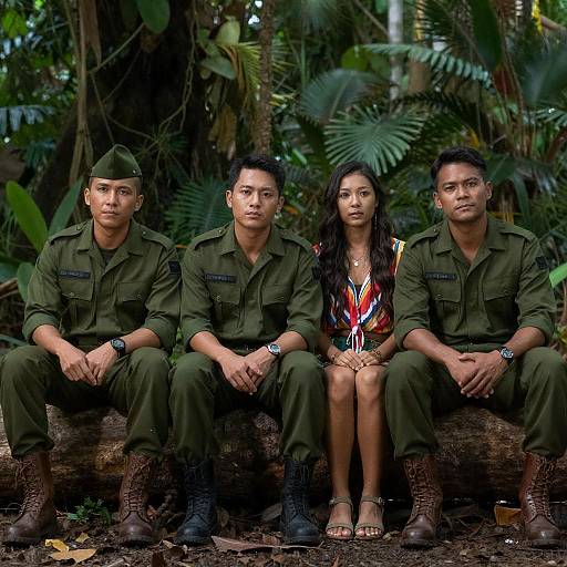 Group Sitting in Jungle with Military Uniforms