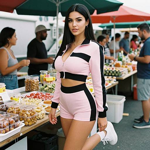 Photograph of a curvy woman with long black hair, wearing a pink and black striped crop top and shorts, standing at a bustling outdoor market with