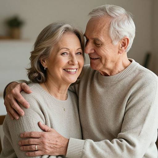 Photograph of an elderly couple smiling, with the man's arm around the woman's shoulders, both wearing beige sweaters, in a bright, indoor