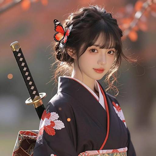 Young Woman in Dark Kimono with Katana and Butterfly Hairpin