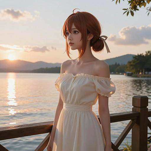 Serene Sunset: Anime Elegance by the Lake