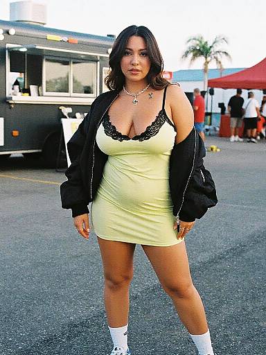 Photograph of a curvy Latina woman with dark hair, wearing a yellow lace-trimmed mini dress, black jacket, white socks, standing confidently