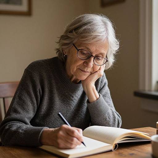 Photograph of an elderly woman with gray hair, glasses, and a gray sweater, writing in an open book at a wooden table.