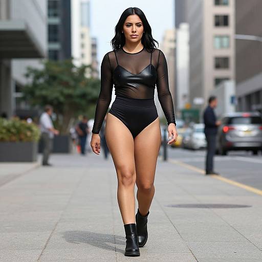 Photograph of a confident, curvy woman with long black hair walking city street in a sheer black long-sleeve bodysuit, high-w