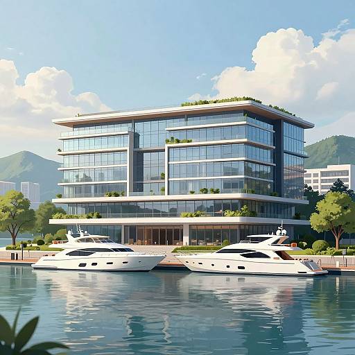Modern glass-and-steel waterfront mansion with rooftop greenery, docked white yachts, and mountainous background under a bright blue sky. Photoreal