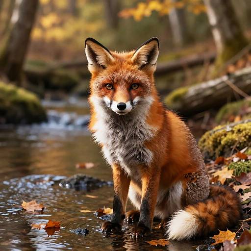Photograph of a red fox with striking orange fur and white chest, sitting in a shallow forest stream with autumn leaves.