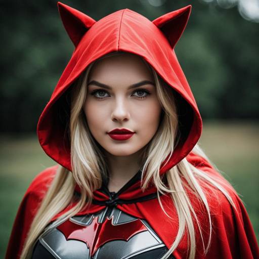 Blonde Woman in Red Hooded Cosplay with Bat Armor