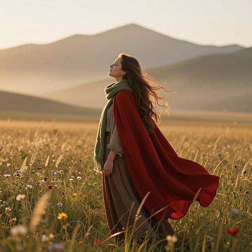 Photograph of a long-haired woman in a red cape and green scarf, standing in a golden grass field at sunset, mountains in the background, with