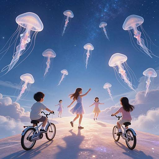 Digital illustration of four children riding bicycles on a glowing hill, surrounded by floating jellyfish in a starry, cloud-filled night sky.