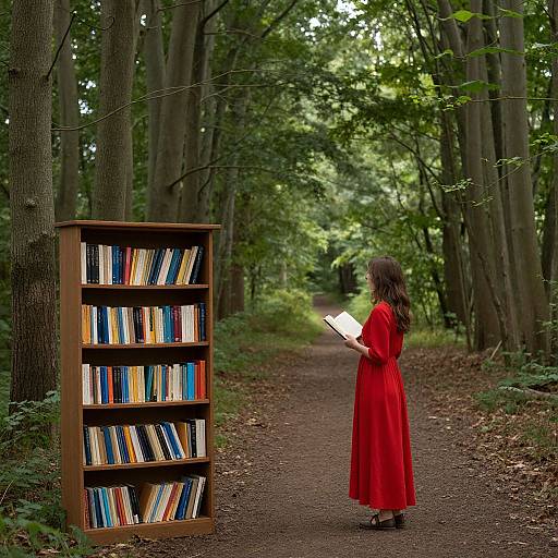 Photograph of a woman in a red dress holding a book, standing before a wooden bookshelf on a forest path.