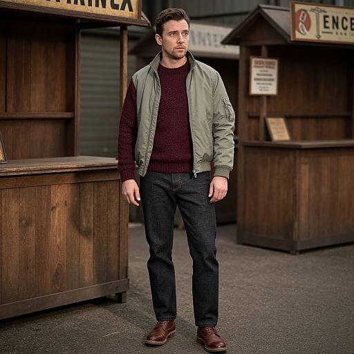 Photograph of a serious, dark-haired man in a green jacket, maroon sweater, dark jeans, and brown shoes, standing in front of rustic