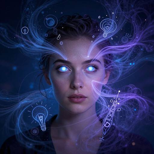 Digital artwork of a woman with glowing blue eyes, surrounded by swirling purple and blue light trails with floating lightbulbs and circuit diagrams. Dark, star