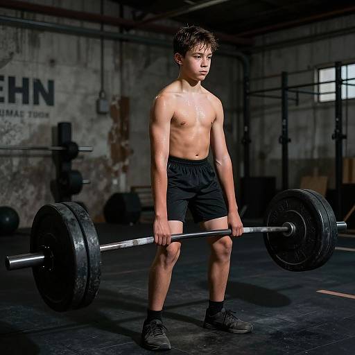 Photograph of a young, muscular, shirtless Asian boy with short black hair, wearing black shorts and sneakers, lifting a heavy barbell in a