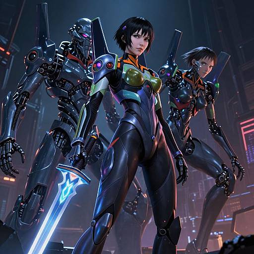 Cyberpunk CGI image of three female mechs with black armor, glowing accents, and futuristic neon cityscape; central figure holds glowing blue sword.