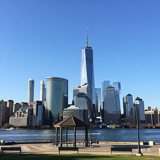 Photograph of New York City skyline with One World Trade Center, clear blue sky, waterfront, and park with gazebo in foreground.