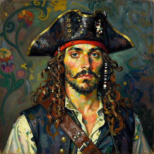 Vibrant digital painting of a bearded, long-haired pirate with a tricorn hat, chest vest, and floral background, featuring bold colors and