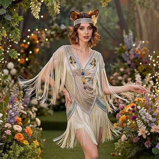 Photograph of a woman with cat ears, wearing a fringed, beaded 1920s-style dress, standing in a vibrant, flower-filled