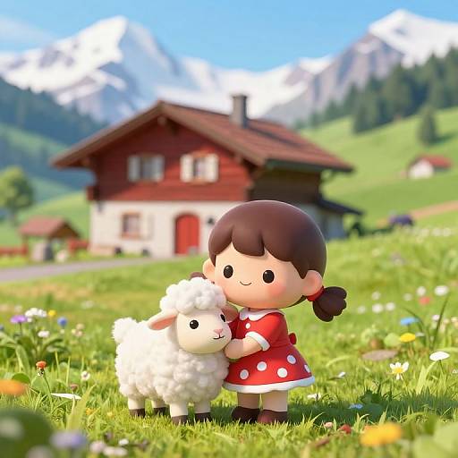CGI image of a cute anime-style girl with brown hair in a red polka-dot dress, hugging a white sheep in a vibrant, sunny
