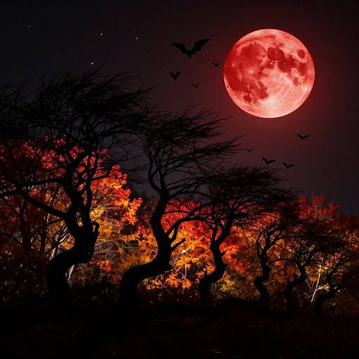 Blood Red Moon Over Autumn Forest with Bats