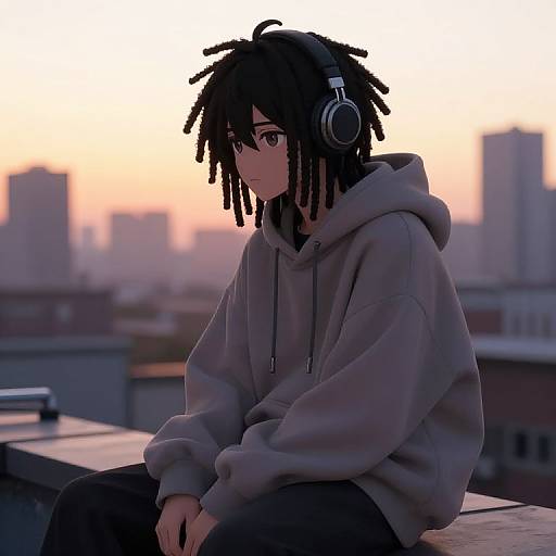 Silhouetted anime boy with black dreadlocks, headphones, gray hoodie, and black pants sits on rooftop at sunset, city skyline blurred in background