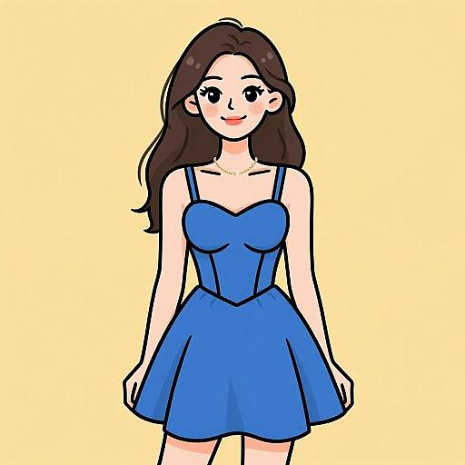 Digital cartoon of a smiling woman with long brown hair, wearing a blue, strapless, fitted dress, standing against a yellow background.
