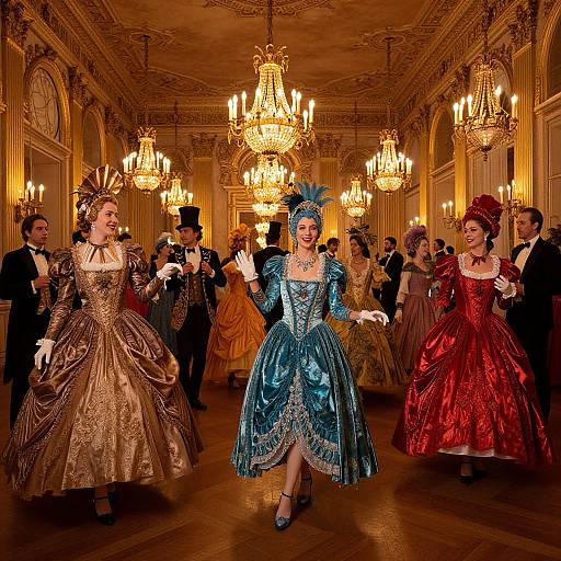 Photograph of a lavish masquerade ball in an ornate, chandelier-lit room. Dancers in elaborate, Victorian-style gowns and