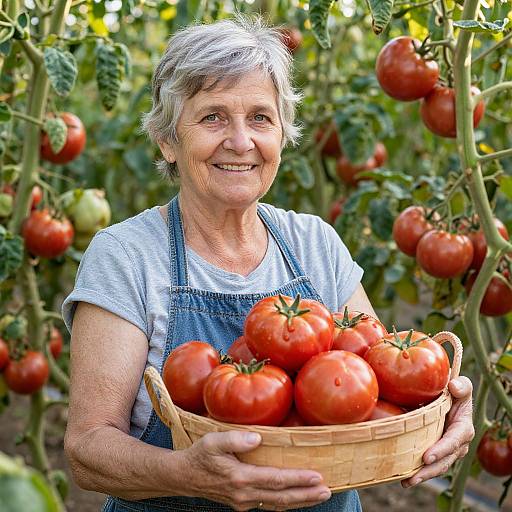 Elderly Woman Harvesting Tomatoes