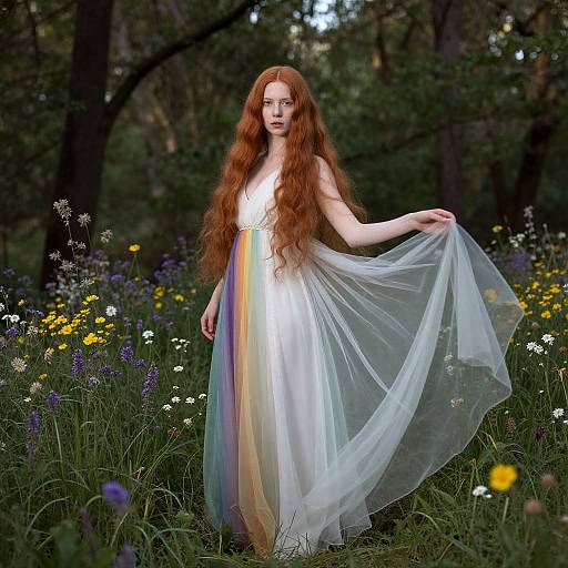 Photograph of a fair-skinned, red-haired woman in a white, rainbow-tinged, sheer dress, standing in a lush, forested
